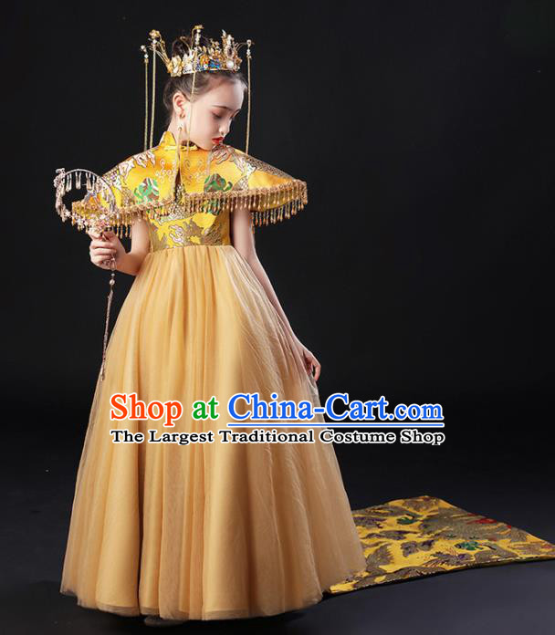 China Compere Yellow Trailing Dress Girl Catwalks Clothing Stage Performance Garment Costume Children Classical Dance Dress