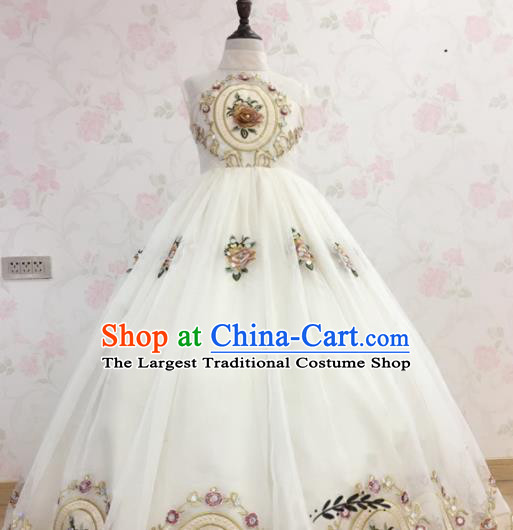Professional Children Catwalks White Full Dress Piano Recital Garment Costume Girl Stage Show Clothing Princess Fashion