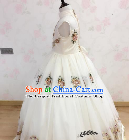 Professional Children Catwalks White Full Dress Piano Recital Garment Costume Girl Stage Show Clothing Princess Fashion