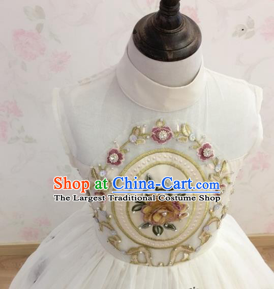 Professional Children Catwalks White Full Dress Piano Recital Garment Costume Girl Stage Show Clothing Princess Fashion