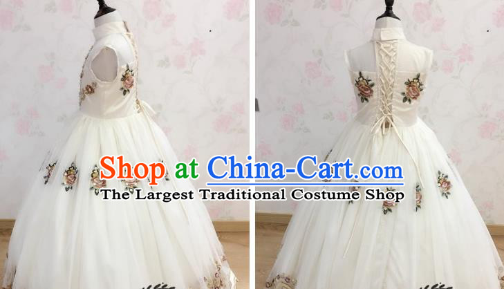 Professional Children Catwalks White Full Dress Piano Recital Garment Costume Girl Stage Show Clothing Princess Fashion