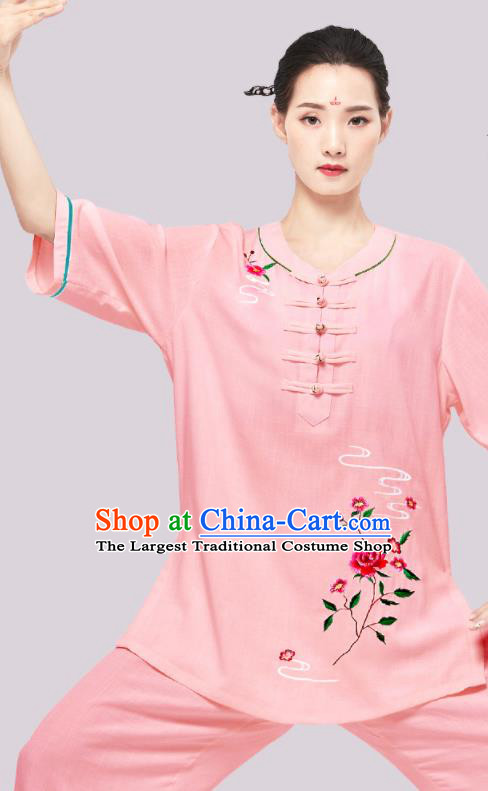 Chinese Wushu Competition Garment Costumes Martial Arts Embroidered Rose Clothing Tai Chi Clothing Kung Fu Pink Flax Uniforms