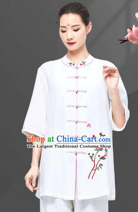 Chinese Kung Fu White Flax Uniforms Wushu Competition Garment Costumes Martial Arts Embroidered Plum Clothing Tai Chi Clothing