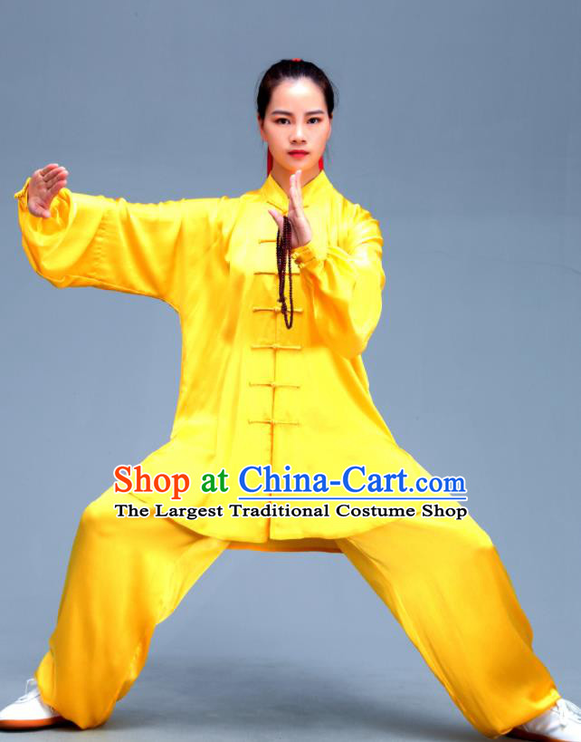 Professional Chinese Martial Arts Yellow Silk Outfits Tai Chi Performance Costumes Kung Fu Wushu Uniforms Tai Ji Competition Clothing