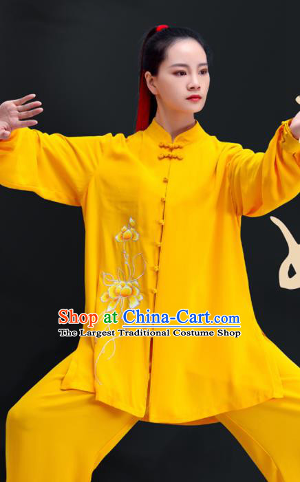 Professional Chinese Tai Chi Training Uniforms Kung Fu Yellow Outfits Martial Arts Embroidered Clothing Tai Ji Performance Costumes