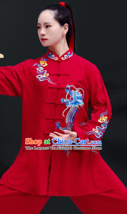 Professional Chinese Martial Arts Embroidered Dragon Clothing Tai Ji Competition Costumes Tai Chi Training Red Uniforms Kung Fu Performance Outfits