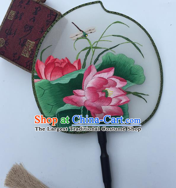 China Classical Dance Silk Fans Suzhou Embroidery Lotus Double Side Fan Handmade Peach Shape Fan Traditional Cheongsam Palace Fan