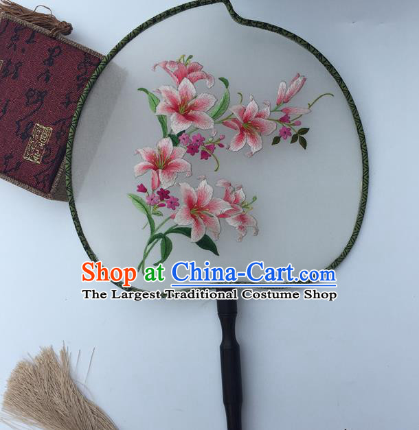 China Handmade Peach Shape Palace Fan Traditional Cheongsam Dance Fan Classical Double Side Silk Fans Suzhou Embroidery Lily Flowers Fan