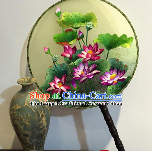 China Handmade Silk Round Fan Traditional Craft Fans Vintage Silk Fan Embroidery Lotus Palace Fan