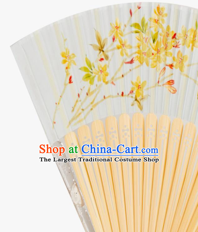 Handmade Chinese Female Accordion Craft Fans Printing Winter Jasmine Folding Fan Bamboo Fan