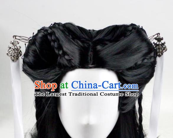 China Ancient Female Swordsman Black Wigs Traditional Drama The Condor Heros Hanfu Chignon Hairpieces Cosplay Fairy Xiao Long Nv Wig Sheath