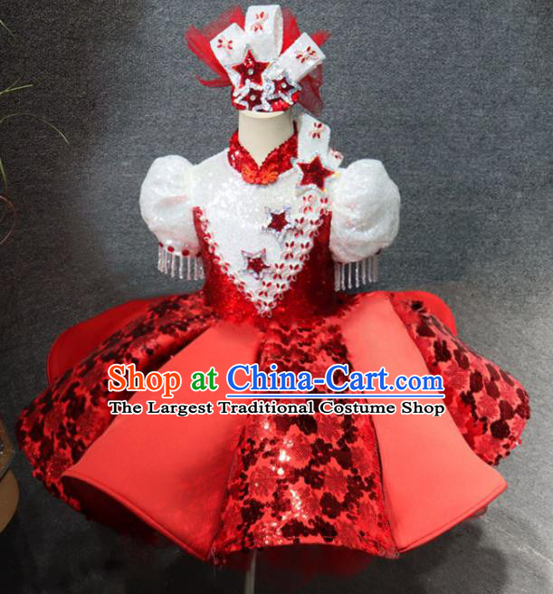 Top Girls Chorus Formal Evening Wear Costume Girl Catwalks Red Bubble Dress Children Stage Show Clothing