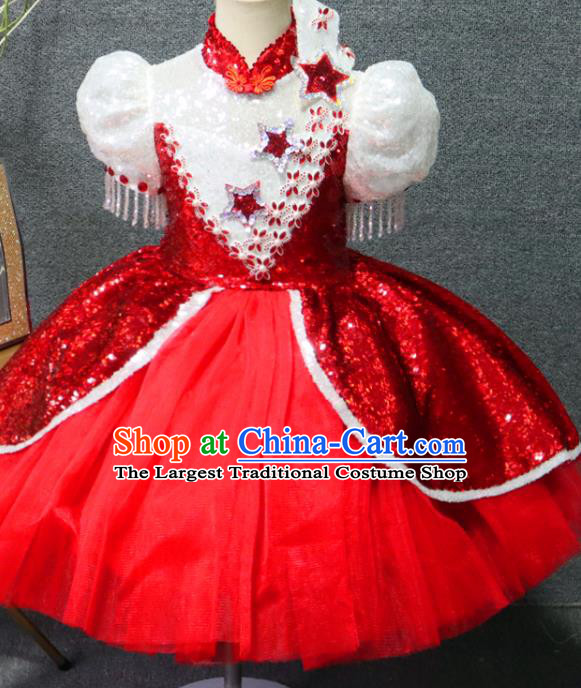 Top Children Stage Show Clothing Girls Chorus Formal Evening Wear Costume Girl Catwalks Red Veil Bubble Dress
