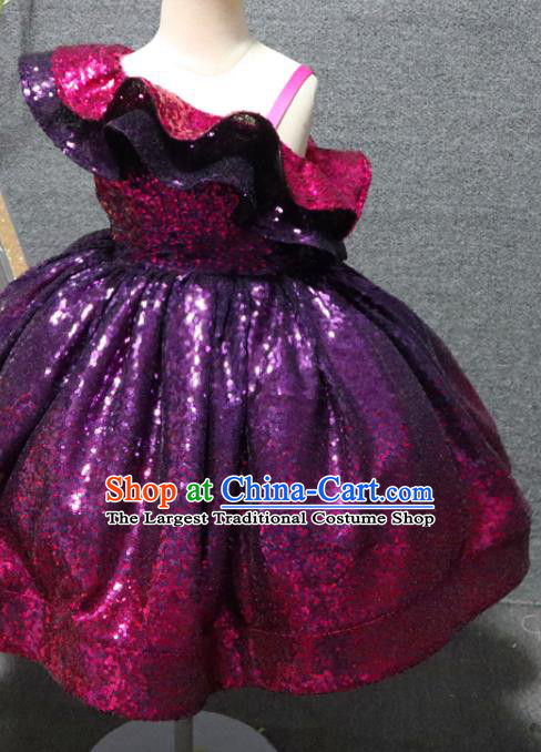 Top Girl Catwalks Purple Sequins Dress Christmas Party Formal Evening Wear Children Day Performance Clothing Chorus Garment