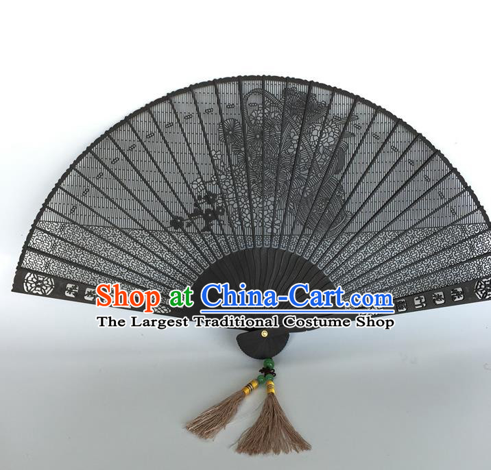 Handmade Chinese Black Rosewood Fan Ebony Folding Fan Carving Craft Accordion