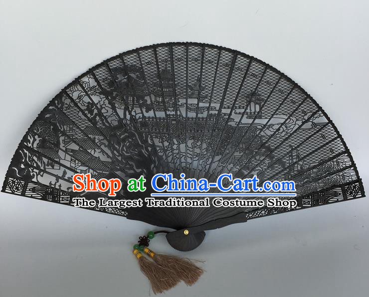 Handmade Chinese Carving Suzhou Gardens Craft Accordion Black Rosewood Fan Ebony Folding Fan