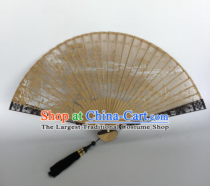 Handmade Chinese Folding Fan Carving Suzhou Gardens Craft Accordion Sandalwood Fan