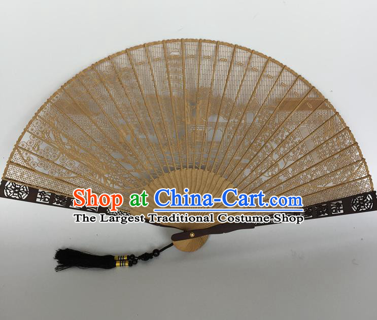 Handmade Chinese Craft Fans Sandalwood Hollow Out Folding Fan Ancient Swordsman Fan Carving Tiger Hill Accordion