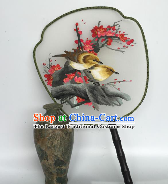 China Traditional Court Fan Vintage Palace Fan Handmade Suzhou Embroidery Plum Birds Silk Fan Ancient Hanfu Dance Fans