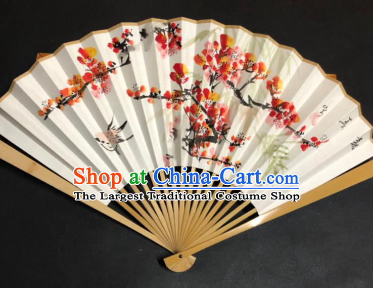 Handmade Chinese Ancient Swordsman Fan Xuan Paper Accordion Craft Fans Ink Painting Plum Blossom Folding Fan