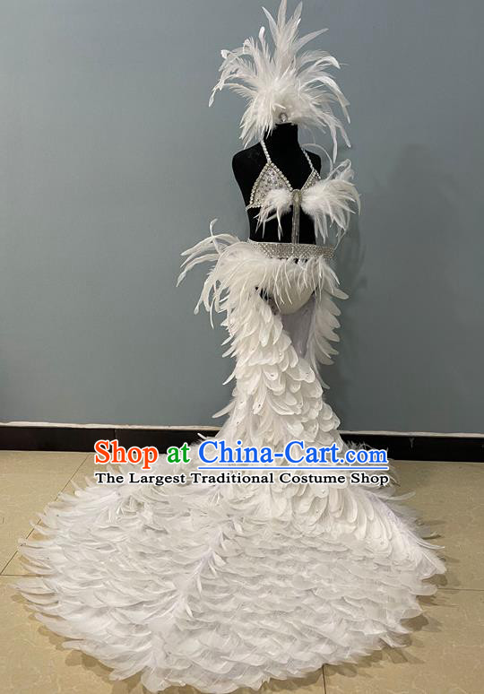 Brazilian Carnival Costumes Professional Children Catwalks Clothing Girl Swimsuit White Feather Trailing Dress and Headpiece