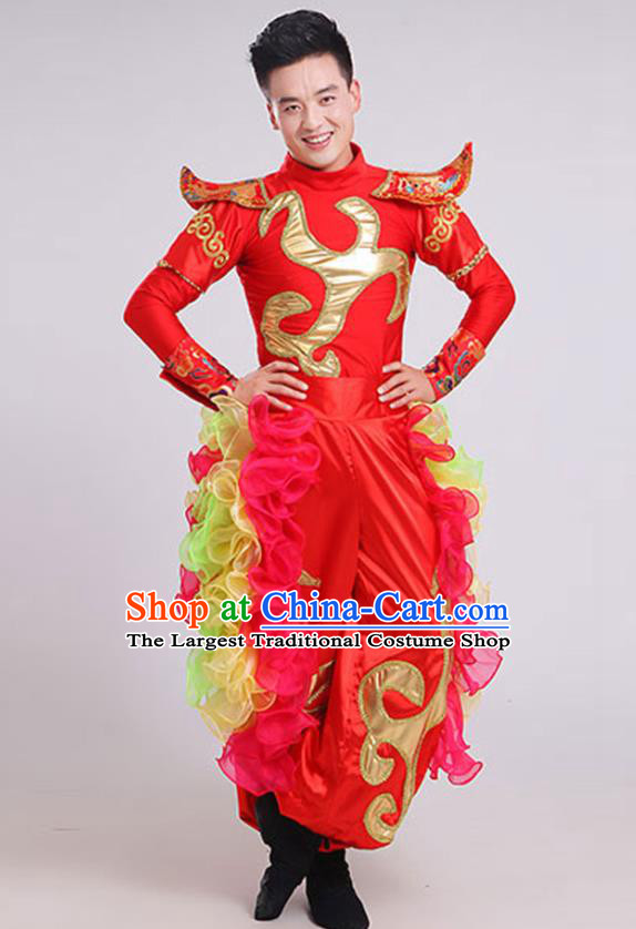 China New Year Fan Dance Garment Costumes Folk Dance Outfits Drum Dance Red Uniforms Male Yangko Dance Clothing