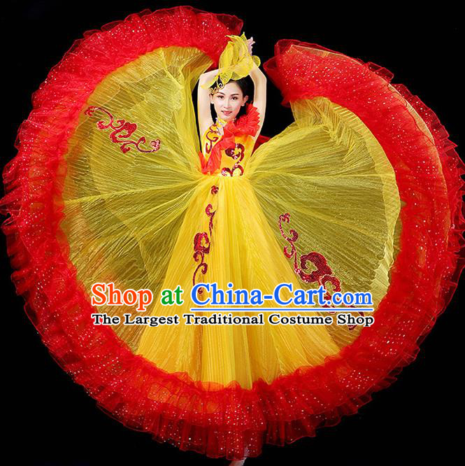 Professional Woman Modern Dance Clothing Spanish Dance Fashion Garment Opening Dance Performance Yellow Dress