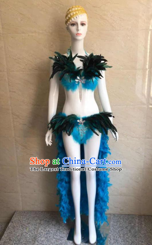 Custom Stage Show Clothing Woman Catwalks Blue Feather Swimsuit Samba Dance Swimwear Brazilian Carnival Uniforms