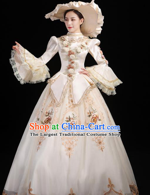 Custom Western Stage Opera Fashion Europe Noble Lady Clothing Catwalks Beige Full Dress European Medieval Vintage Dress