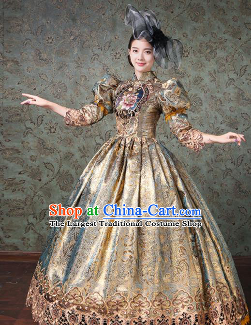Custom Western Vintage Fashion Europe Duchess Clothing Catwalks Golden Full Dress European Court Woman Dress