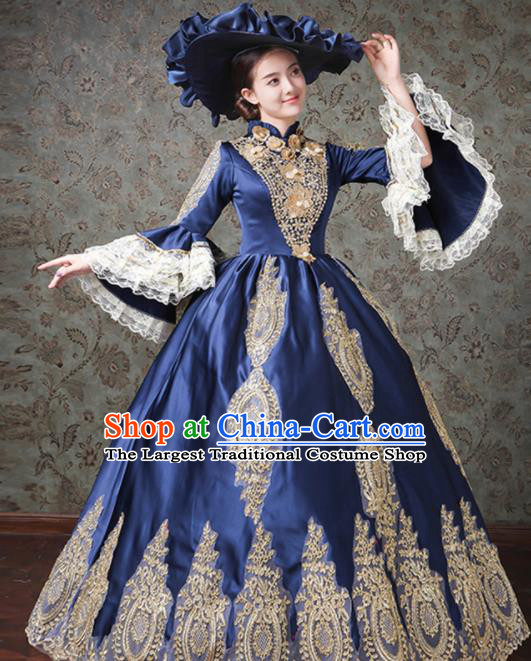 Custom European Court Woman Dress Western Vintage Fashion Europe Duchess Clothing Catwalks Deep Blue Full Dress