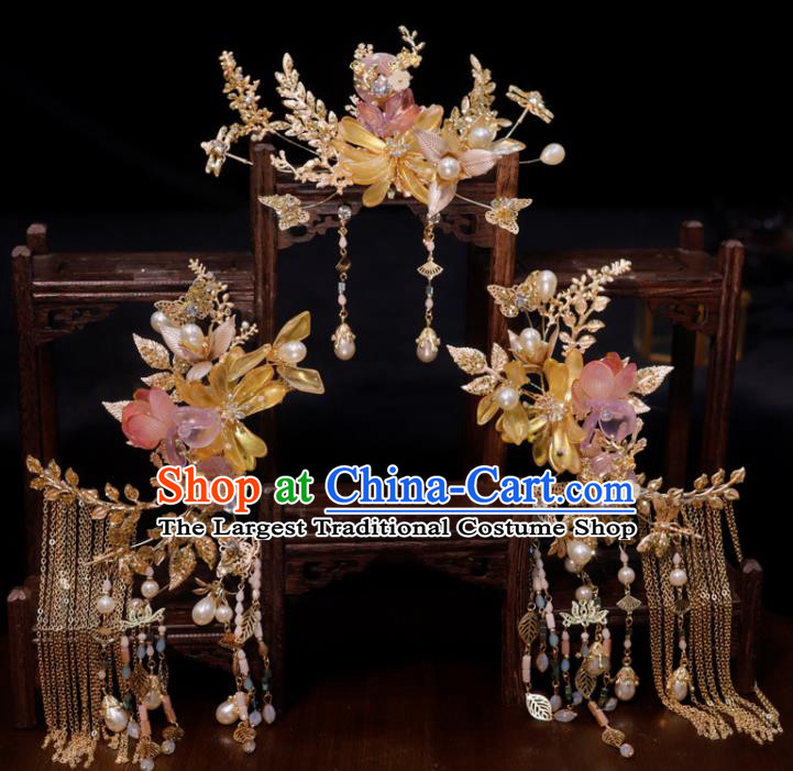 Chinese Classical Wedding Hair Accessories Ancient Bride Hair Crown and Tassel Hairpins Xiuhe Suits Headdress Handmade Headwear