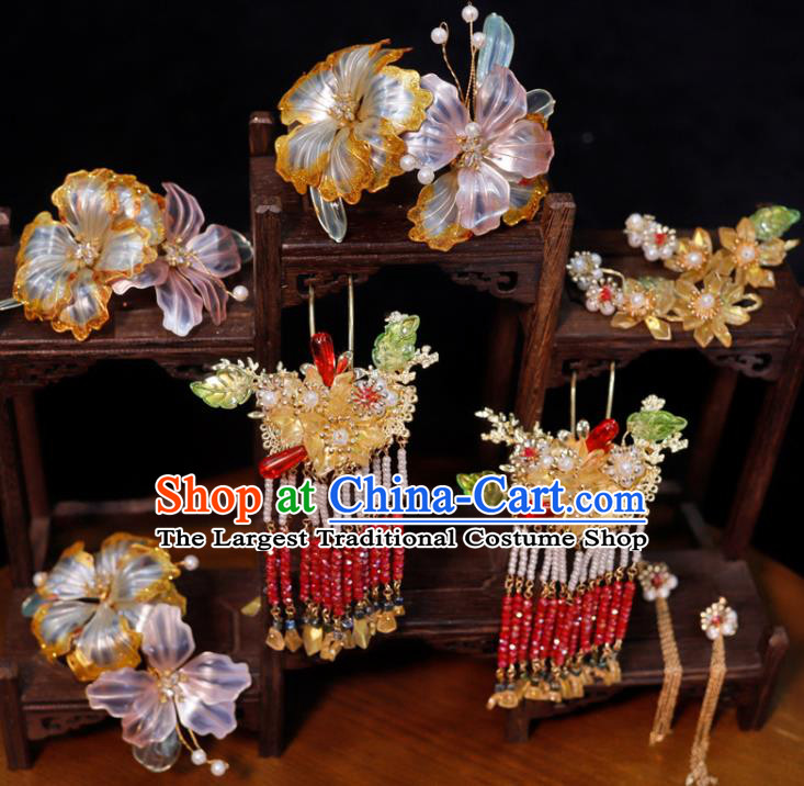 Chinese Classical Wedding Hair Accessories Ancient Bride Headpieces Xiuhe Suits Headdress Handmade Tassel Hairpins and Hair Sticks