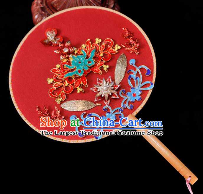 Handmade China Classical Dance Palace Fan Wedding Fan Ancient Bride Circular Fan Traditional Red Silk Fan