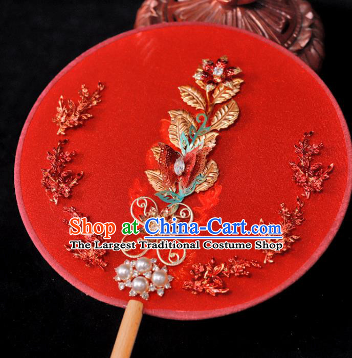 Handmade China Traditional Red Silk Fan Classical Dance Palace Fan Wedding Circular Fan Ancient Bride Fan