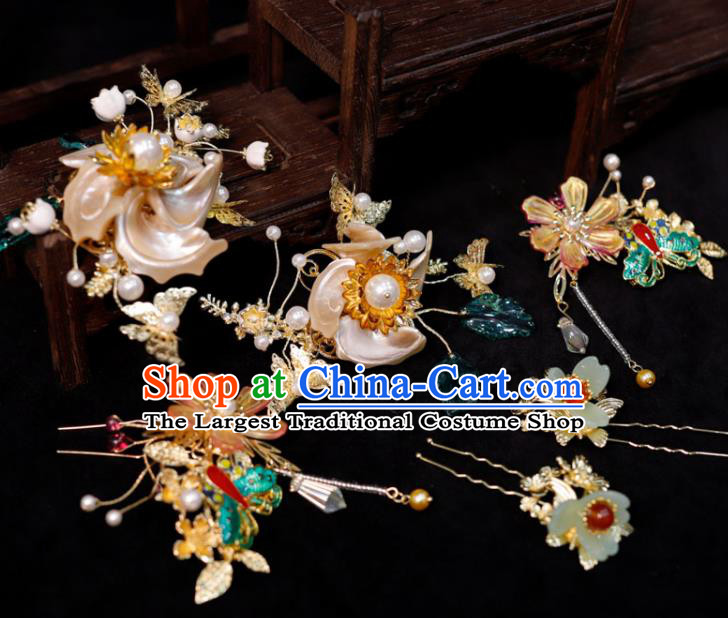 Chinese Ancient Bride Shell Hairpins Classical Cloisonne Hair Sticks Handmade Wedding Headpieces Xiuhe Suits Hair Accessories