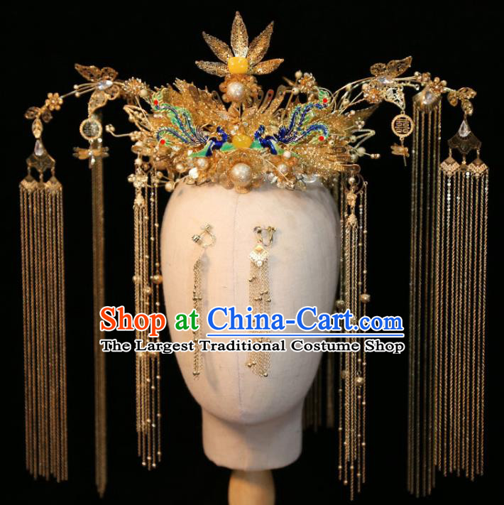 Chinese Classical Golden Phoenix Coronet Handmade Wedding Headdress Traditional XiuHe Hair Accessories Ancient Bride Cloisonne Hair Crown