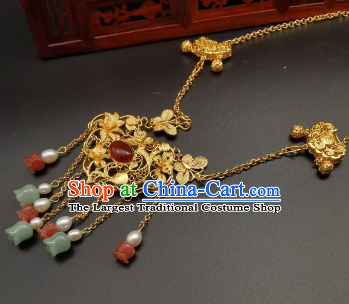Chinese Classical Hanfu Tassel Necklet Pendant Ming Dynasty Golden Necklace Handmade Silver Longevity Lock
