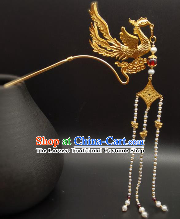 Chinese Traditional Wedding Hair Accessories Ancient Queen Golden Phoenix Hairpin Classical Pearls Tassel Hair Stick Handmade Ming Dynasty Headpiece