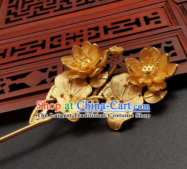China Handmade Hair Accessories Traditional Hanfu Golden Hairpin Ancient Empress Lotus Hair Stick Classical Cheongsam Headpiece
