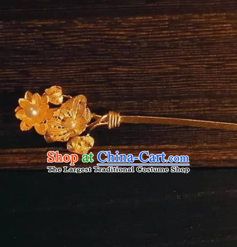 Chinese Classical Pearls Hair Stick Handmade Ming Dynasty Headpiece Traditional Wedding Hair Accessories Ancient Princess Gilding Lotus Hairpin