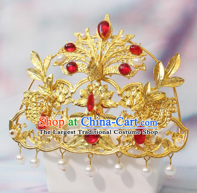 Chinese Handmade Tang Dynasty Headpiece Traditional Hanfu Hair Accessories Ancient Princess Golden Phoenix Hairpin Classical Wedding Hair Crown