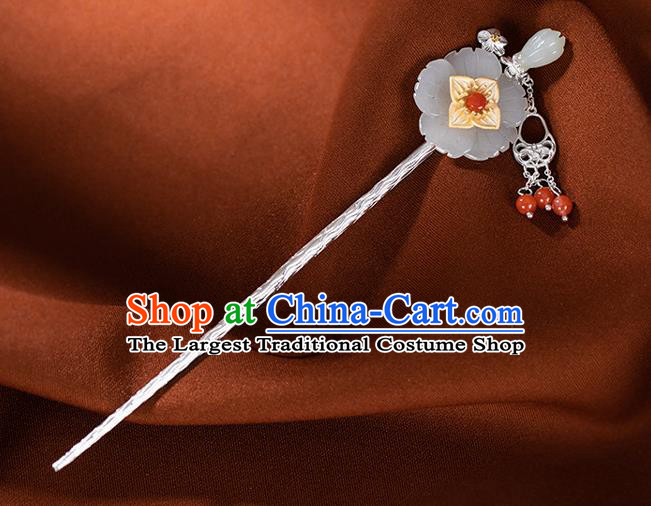 Chinese Traditional Hair Accessories Classical Silver Hair Stick Cheongsam Headpiece Handmade Jade Mangnolia Hairpin