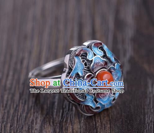 Chinese Handmade Cloisonne Ring Classical Silver Jewelry Accessories Cheongsam Agate Finger Circlet