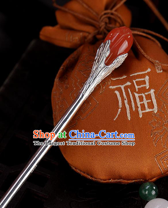 Chinese Traditional Hair Accessories Classical Silver Hair Stick Cheongsam Headpiece Handmade Agate Mangnolia Hairpin