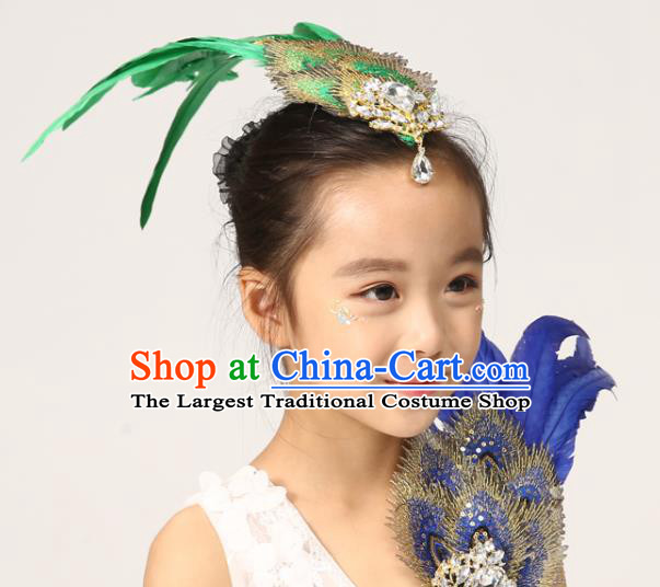 Professional Classical Dance Hair Accessories Peacock Dance Hair Stick Girl Stage Performance Green Feather Hair Crown