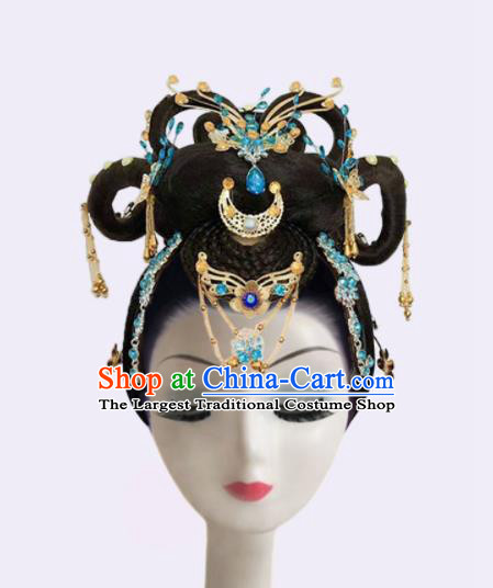 Handmade Chinese Woman Solo Dance Wigs Chignon Classical Dance Hair Accessories Flying Apsaras Dance Headpieces