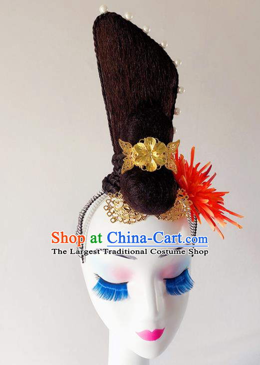 Handmade Chinese Woman Solo Dance Wigs Chignon Classical Dance Hair Accessories Stage Performance Hairpiece