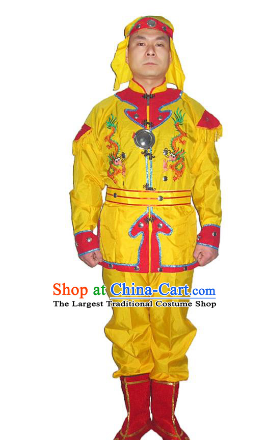 Chinese Ancient Warrior Garment Costumes Drum Dance Yellow Uniforms Folk Dance Clothing Lion Dance Outfits