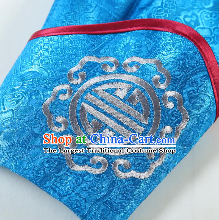 Chinese Mongolian Male Garment Ethnic Wedding Costume Minority Folk Dance Clothing Mongol Nationality Blue Robe